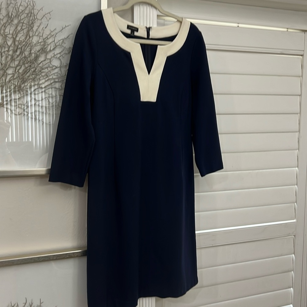 Talbots Navy Dress with Cream Neckline, Classic Lines. EUC